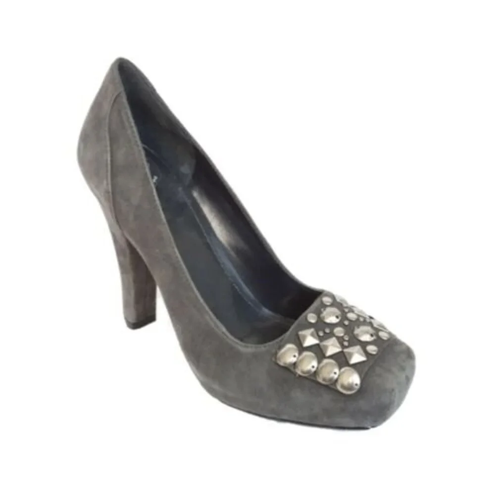 BCBG Galena Suede Square-toe Embellished Heels Gray 7.5